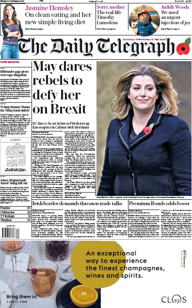 The Daily Telegraph Newspaper Front Page for 10 November 2017