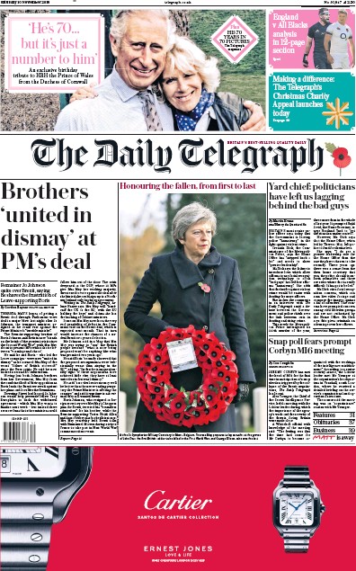 The Daily Telegraph Newspaper Front Page for 10 November 2018