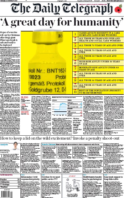 The Daily Telegraph Newspaper Front Page for 10 November 2020