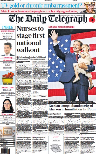 The Daily Telegraph (UK) Newspaper Front Page for 10 November 2022