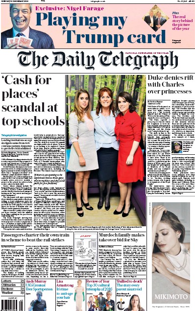 The Daily Telegraph (UK) Newspaper Front Page for 10 December 2016