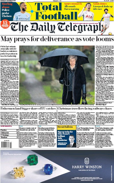 The Daily Telegraph Newspaper Front Page for 10 December 2018