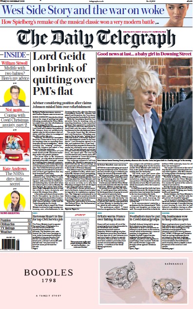 The Daily Telegraph (UK) Newspaper Front Page for 10 December 2021