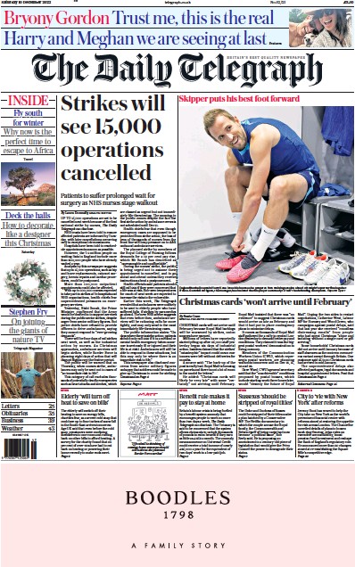 The Daily Telegraph Newspaper Front Page for 10 December 2022