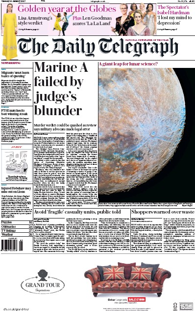 The Daily Telegraph (UK) Newspaper Front Page for 10 January 2017