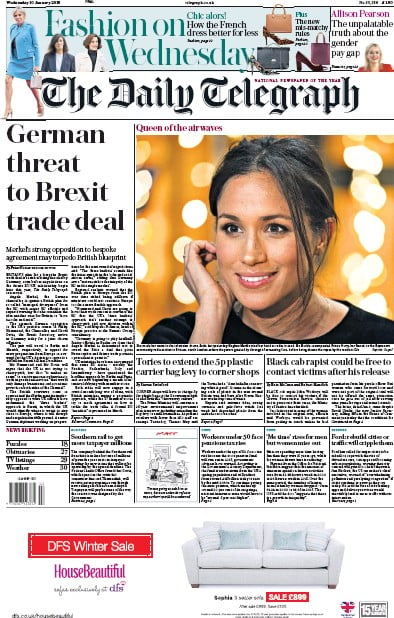 The Daily Telegraph Newspaper Front Page for 10 January 2018