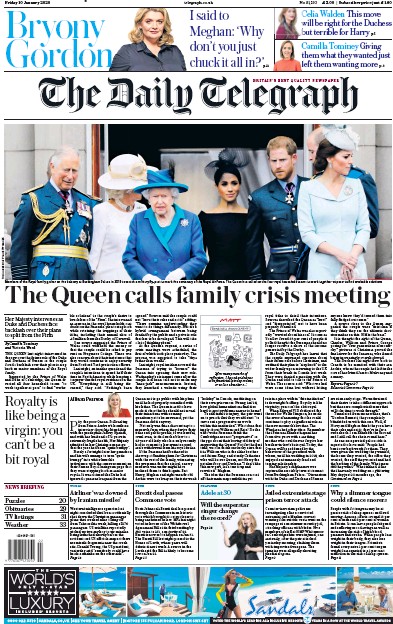 The Daily Telegraph Newspaper Front Page for 10 January 2020