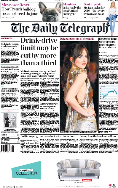 The Daily Telegraph (UK) Newspaper Front Page for 10 February 2016