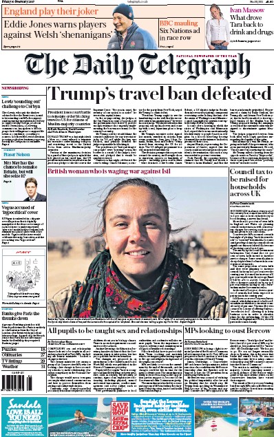 The Daily Telegraph Newspaper Front Page for 10 February 2017