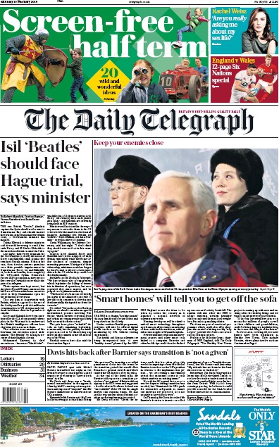 The Daily Telegraph (UK) Newspaper Front Page for 10 February 2018