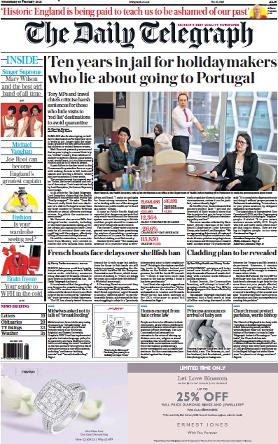 The Daily Telegraph Newspaper Front Page for 10 February 2021