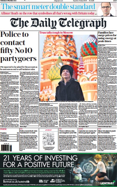 The Daily Telegraph Newspaper Front Page for 10 February 2022