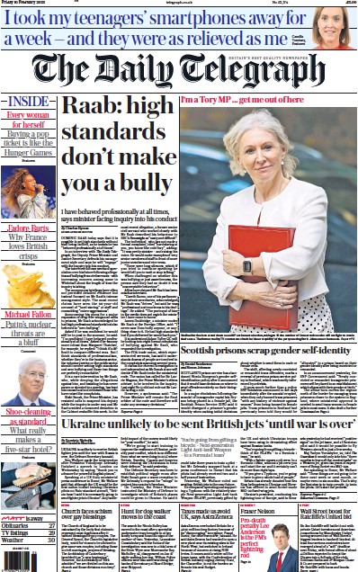 The Daily Telegraph (UK) Newspaper Front Page for 10 February 2023