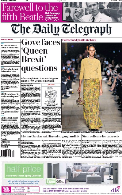The Daily Telegraph Newspaper Front Page for 10 March 2016