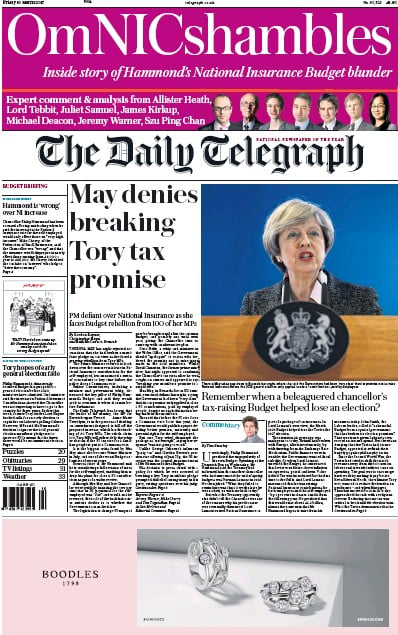 The Daily Telegraph Newspaper Front Page for 10 March 2017