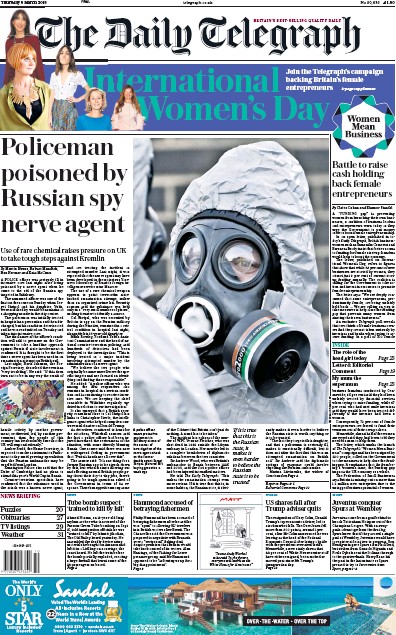 The Daily Telegraph Newspaper Front Page for 10 March 2018