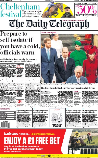 The Daily Telegraph Newspaper Front Page for 10 March 2020