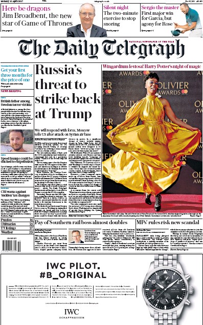 The Daily Telegraph (UK) Newspaper Front Page for 10 April 2017