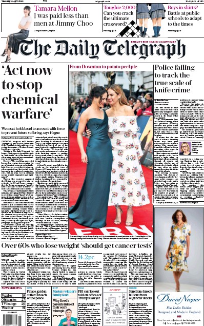 The Daily Telegraph Newspaper Front Page for 10 April 2018