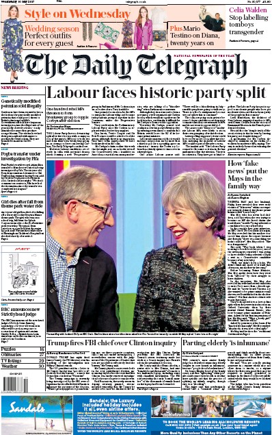 The Daily Telegraph Newspaper Front Page for 10 May 2017