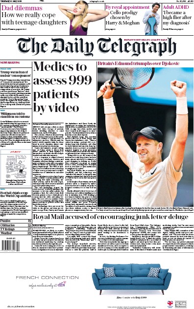 The Daily Telegraph Newspaper Front Page for 10 May 2018