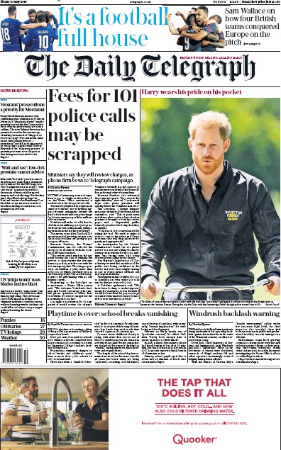 The Daily Telegraph Newspaper Front Page for 10 May 2019