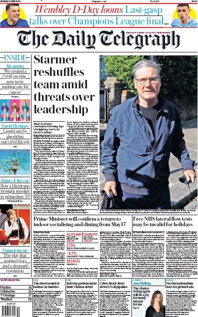 The Daily Telegraph Newspaper Front Page for 10 May 2021
