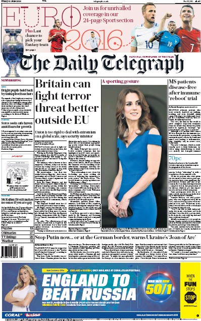 The Daily Telegraph Newspaper Front Page for 10 June 2016