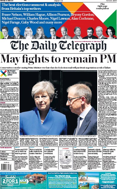 The Daily Telegraph Newspaper Front Page for 10 June 2017