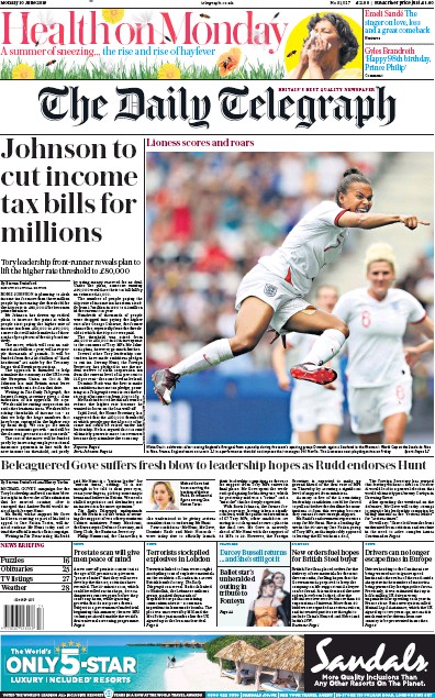 The Daily Telegraph Newspaper Front Page for 10 June 2019