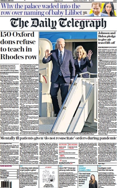 The Daily Telegraph Newspaper Front Page for 10 June 2021