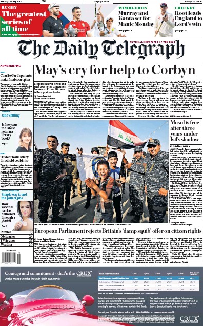 The Daily Telegraph Newspaper Front Page for 10 July 2017