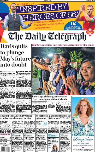 The Daily Telegraph Newspaper Front Page for 10 July 2018