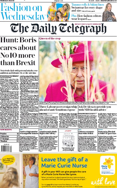The Daily Telegraph Newspaper Front Page for 10 July 2019