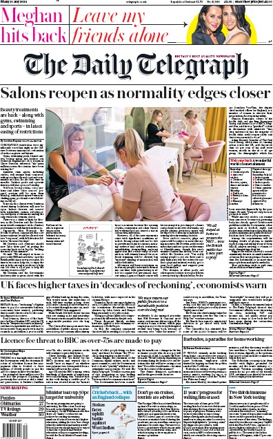 The Daily Telegraph Newspaper Front Page for 10 July 2020
