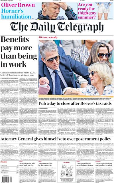 The Daily Telegraph (UK) Newspaper Front Page for 10 July 2025