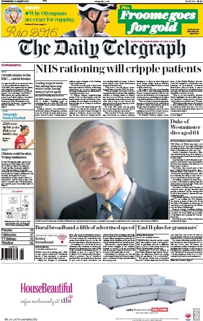 The Daily Telegraph Newspaper Front Page for 10 August 2016