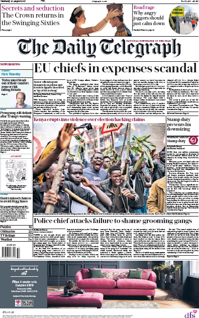 The Daily Telegraph Newspaper Front Page for 10 August 2017