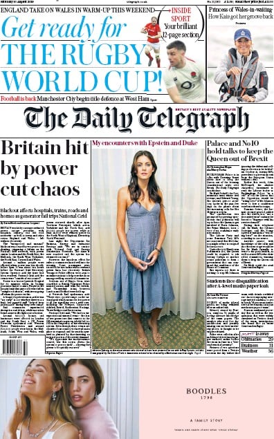 The Daily Telegraph Newspaper Front Page for 10 August 2019