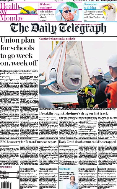 The Daily Telegraph Newspaper Front Page for 10 August 2020