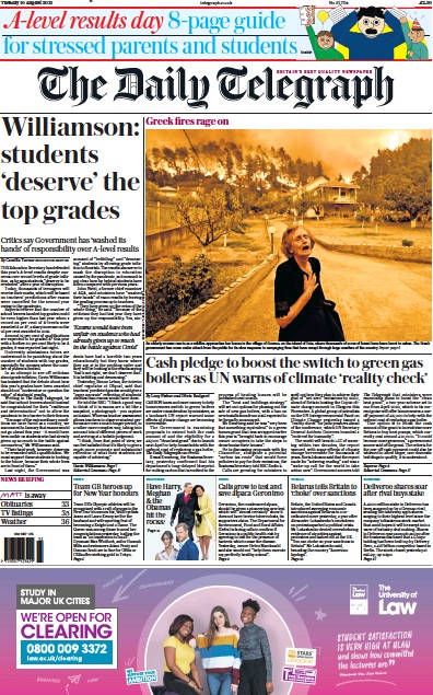The Daily Telegraph (UK) Newspaper Front Page for 10 August 2021