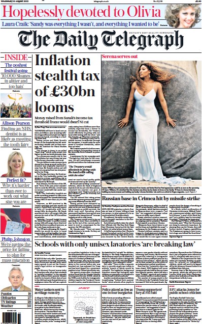 The Daily Telegraph (UK) Newspaper Front Page for 10 August 2022