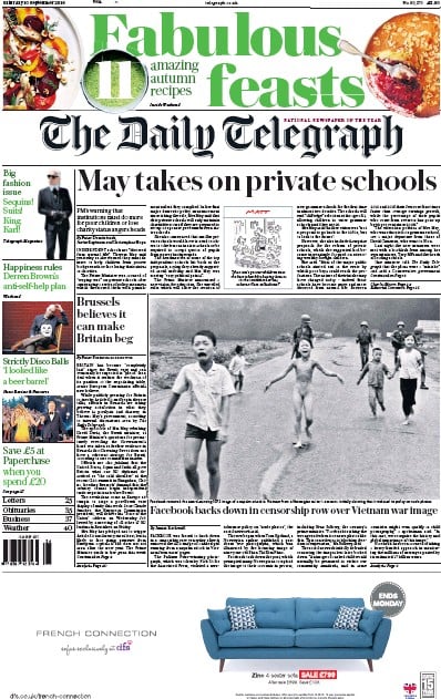 The Daily Telegraph Newspaper Front Page for 10 September 2016
