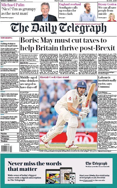 The Daily Telegraph Newspaper Front Page for 10 September 2018