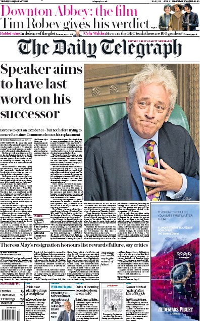 The Daily Telegraph Newspaper Front Page for 10 September 2019