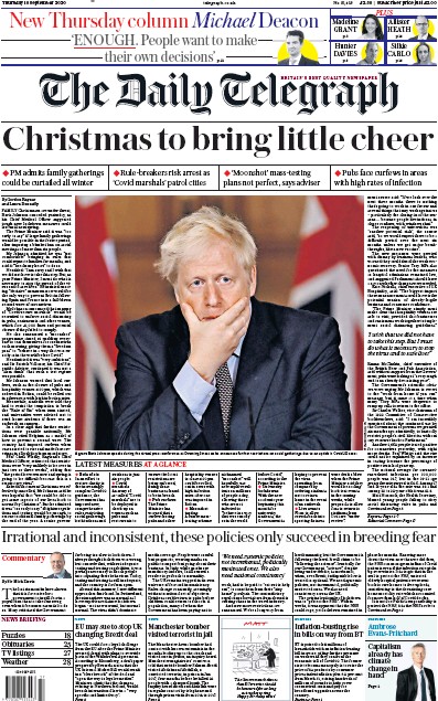 The Daily Telegraph Newspaper Front Page for 10 September 2020