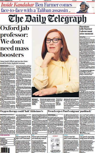 The Daily Telegraph (UK) Newspaper Front Page for 10 September 2021