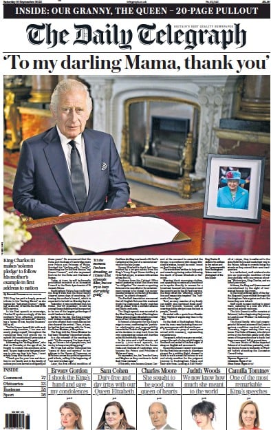 The Daily Telegraph (UK) Newspaper Front Page for 10 September 2022