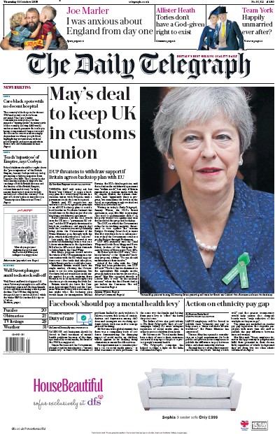 The Daily Telegraph Newspaper Front Page for 11 October 2018