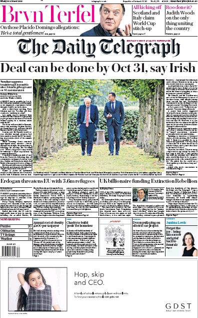 The Daily Telegraph Newspaper Front Page for 11 October 2019